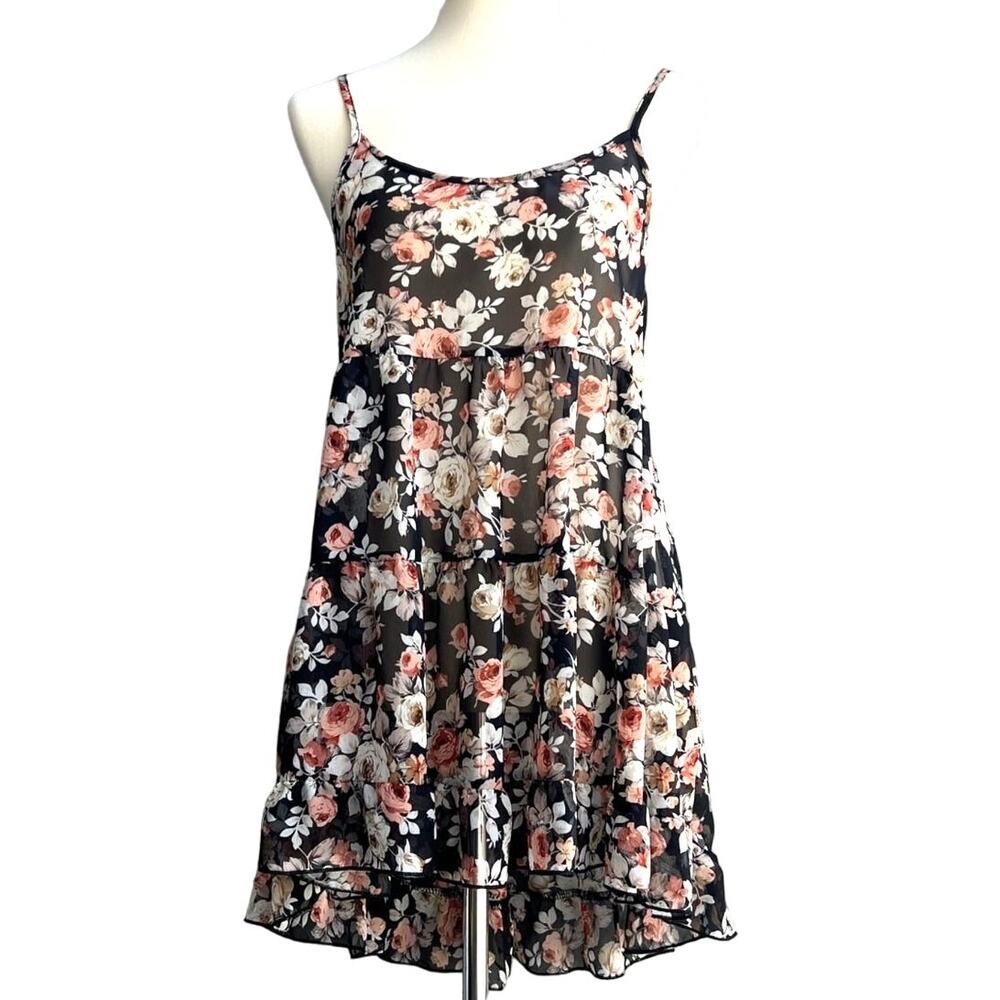 Poetry Size M Orange Black Floral Sheer Hi-Lo Trapeze Tunic Dress Y2K Fairycore